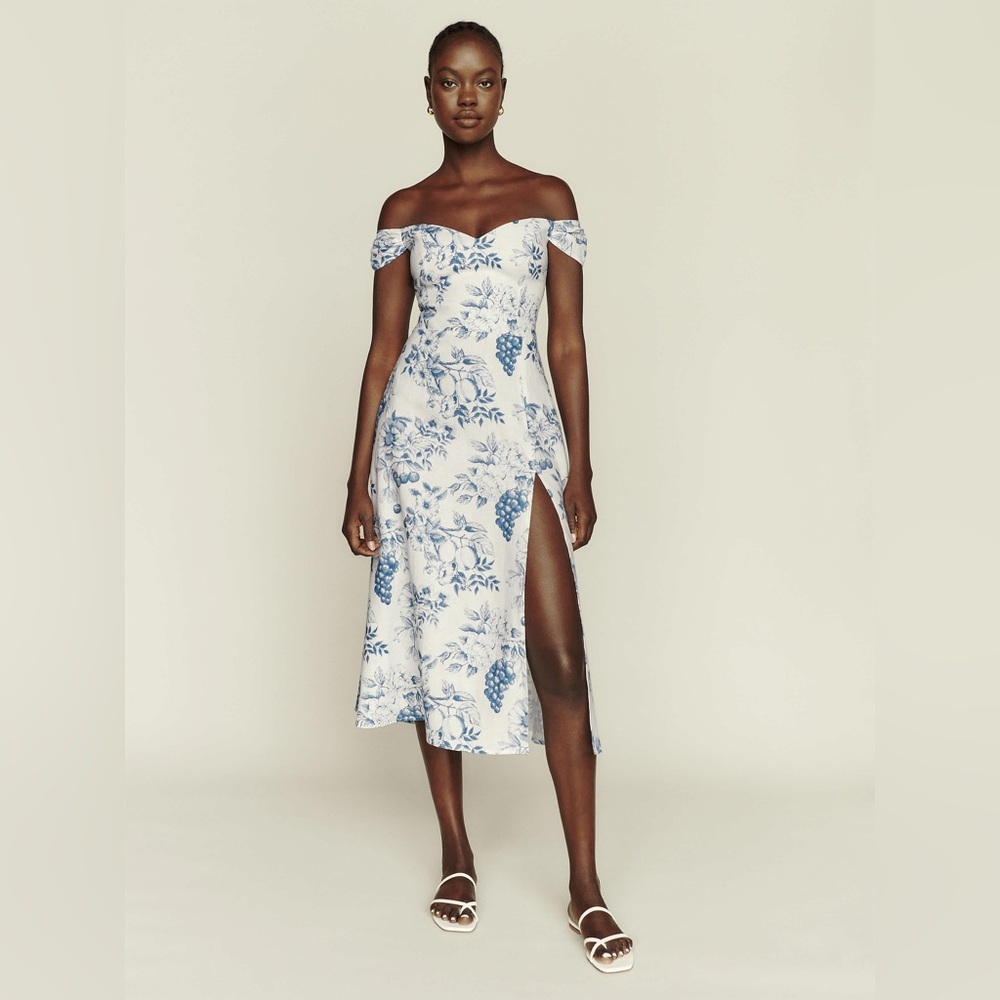 Reformation White and Blue One-Shoulder Floral Midi Dress